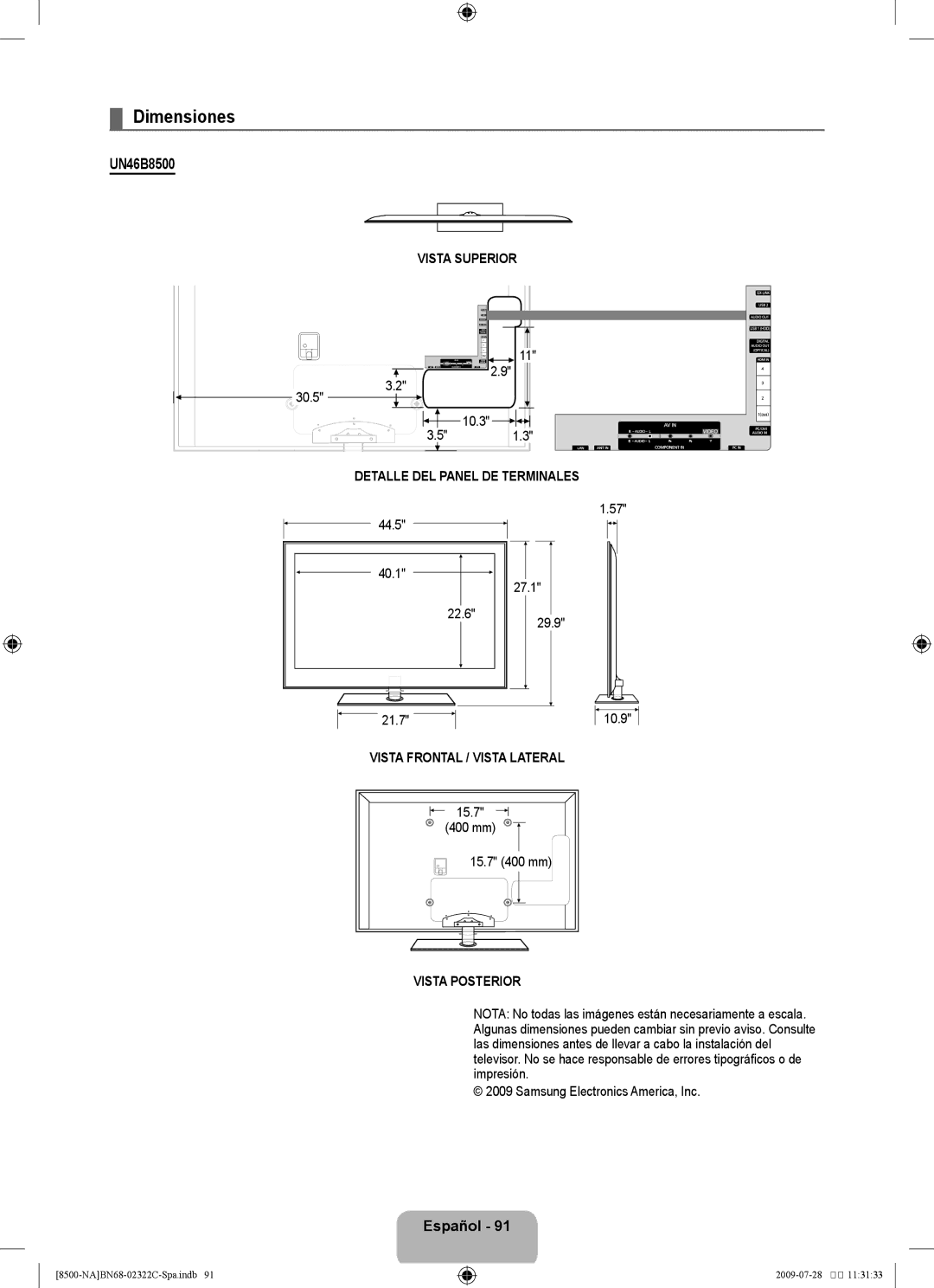 Samsung UN55B8500 user manual Dimensiones, Vista Superior, Detalle DEL Panel DE Terminales, Vista Frontal / Vista Lateral 