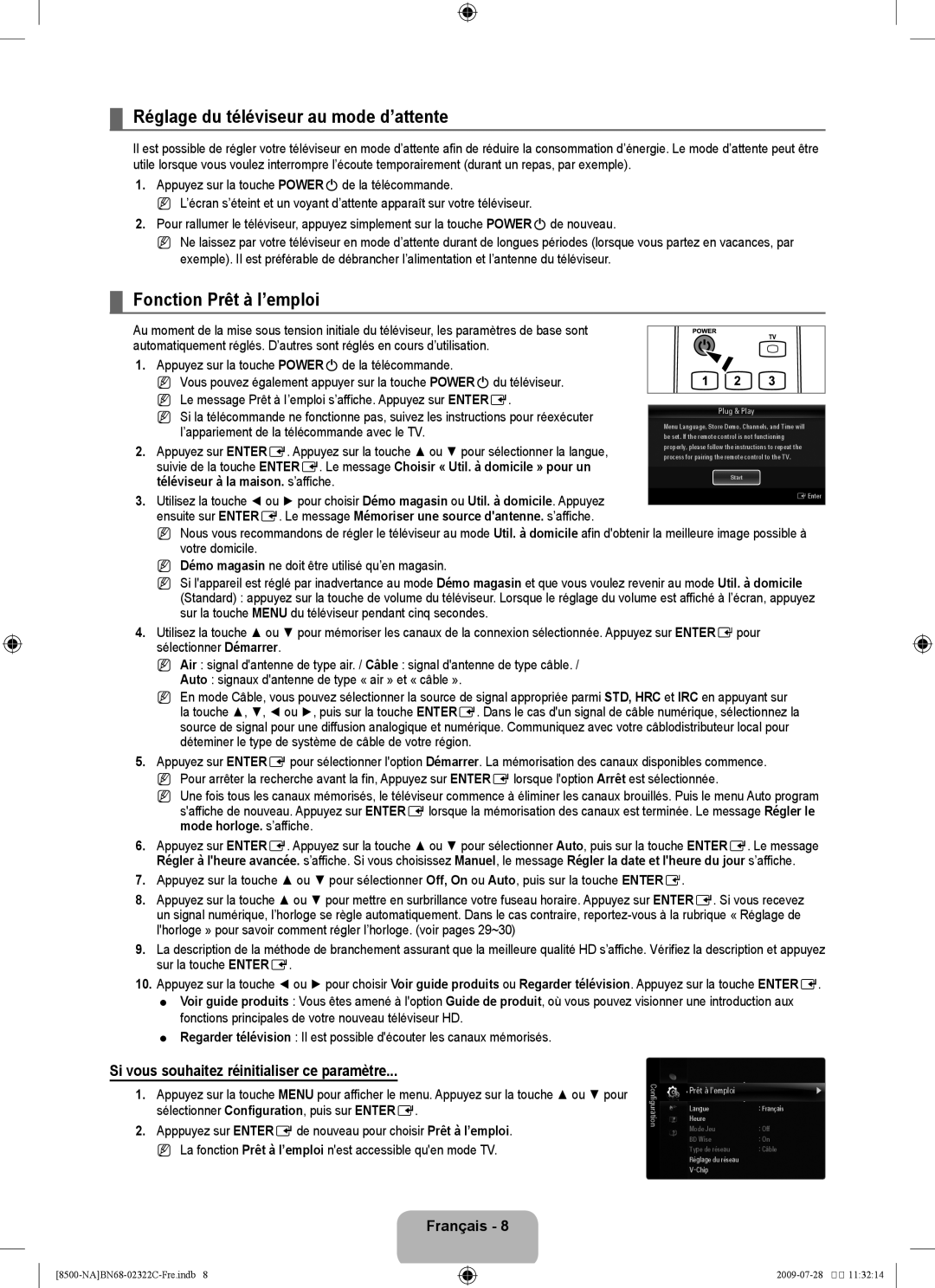 Samsung UN55B8500 user manual Réglage du téléviseur au mode d’attente, Fonction Prêt à I’emploi 