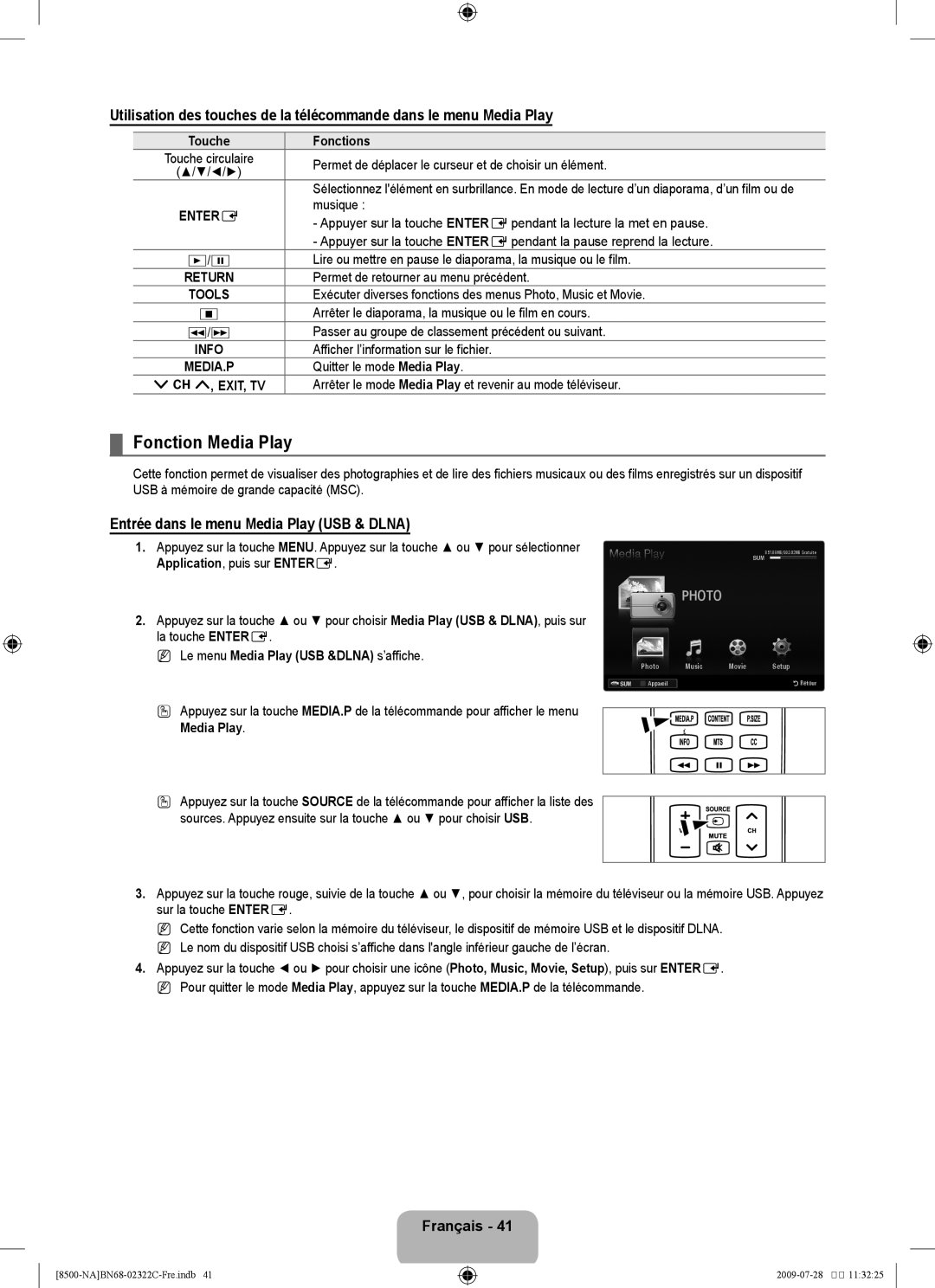 Samsung UN55B8500 user manual Fonction Media Play, Entrée dans le menu Media Play USB & Dlna, Application , puis sur Entere 