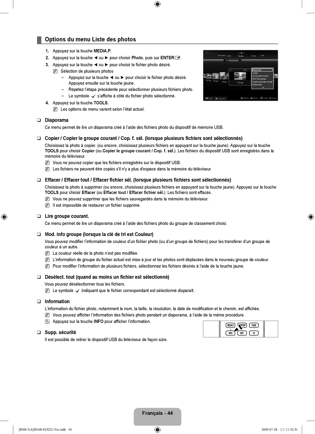 Samsung UN55B8500 user manual Options du menu Liste des photos 