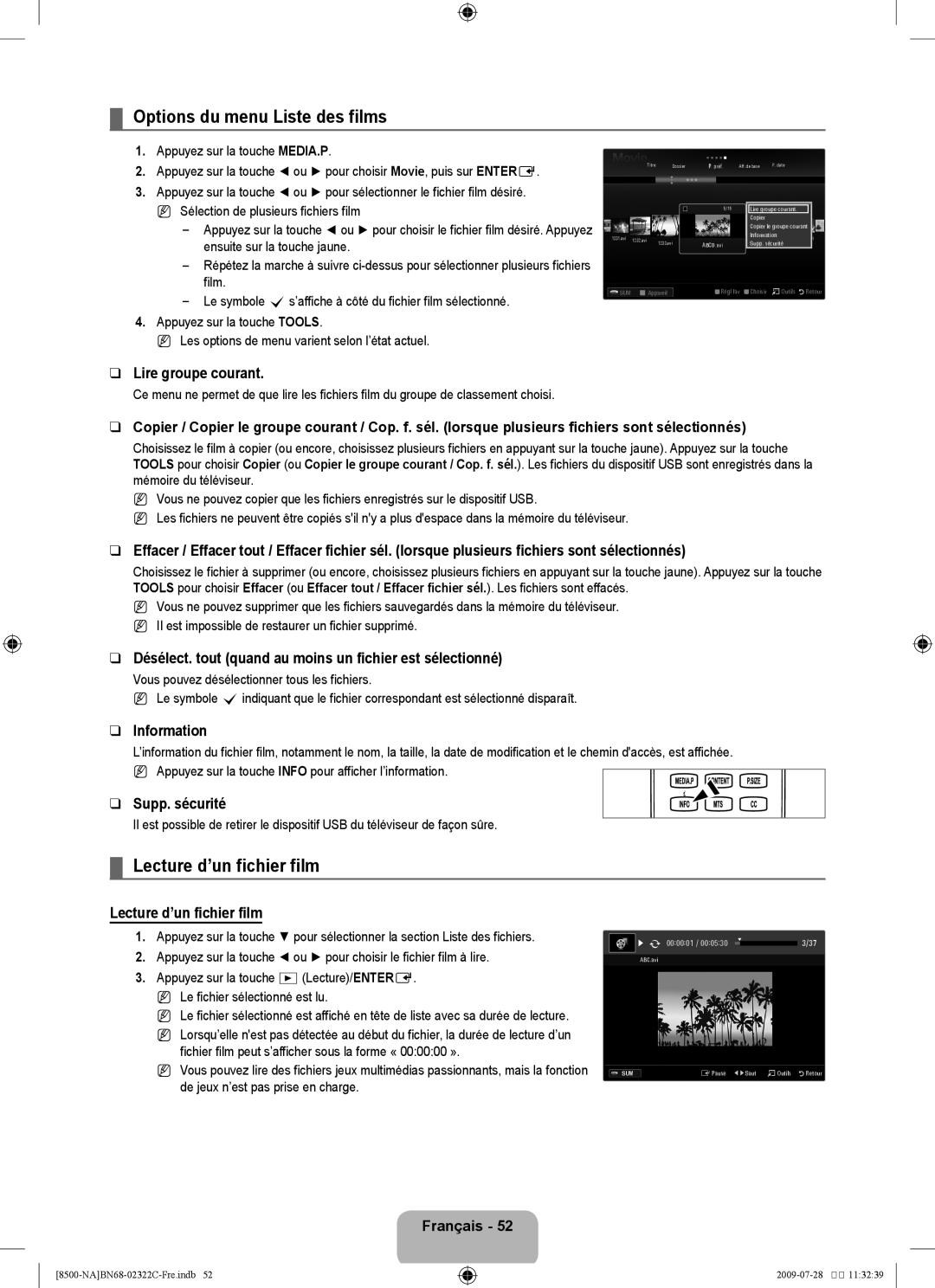 Samsung UN55B8500 user manual Options du menu Liste des films, Lecture d’un fichier film 