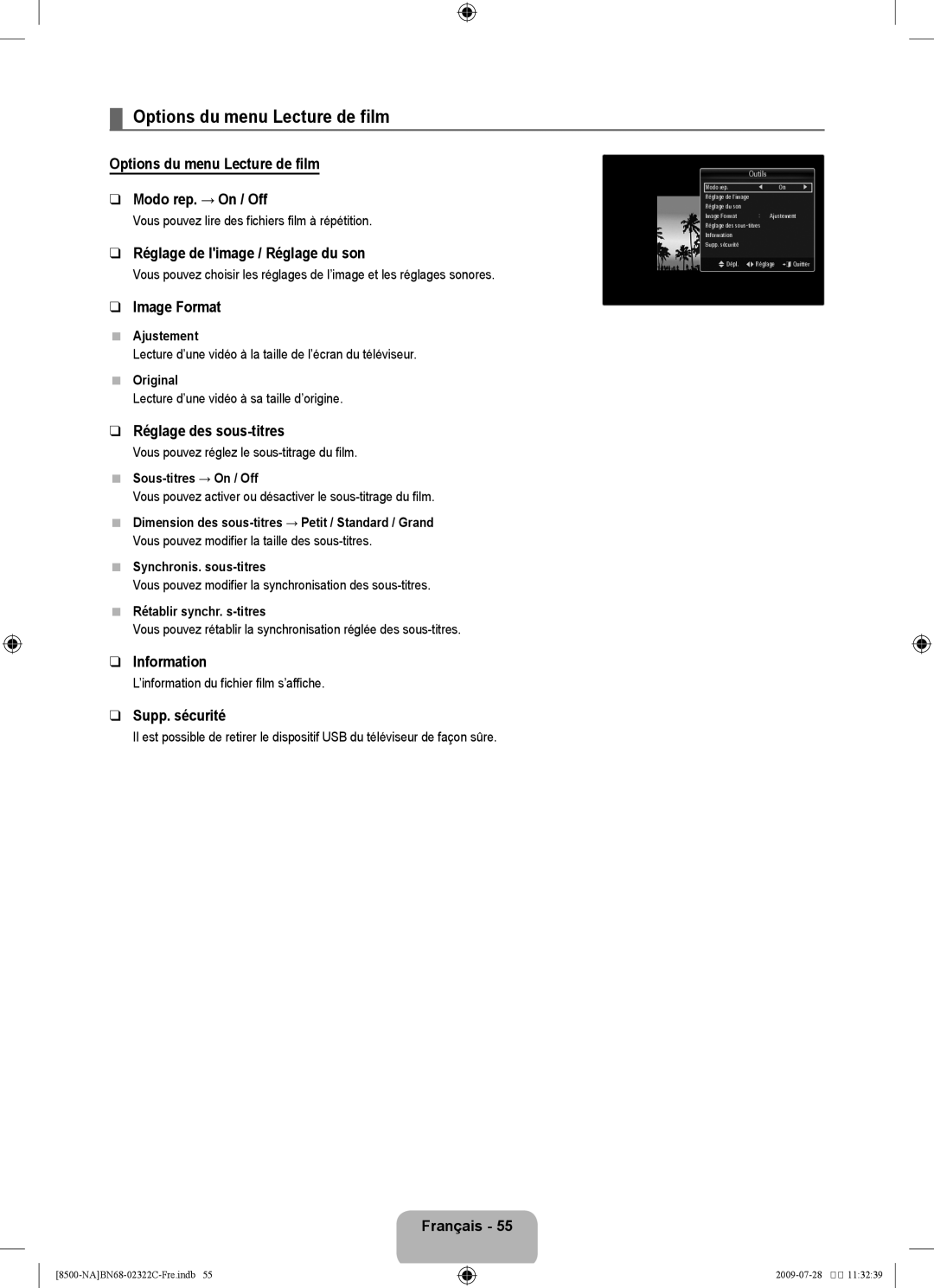 Samsung UN55B8500 Options du menu Lecture de film Modo rep. → On / Off, Image Format, Réglage des sous-titres 