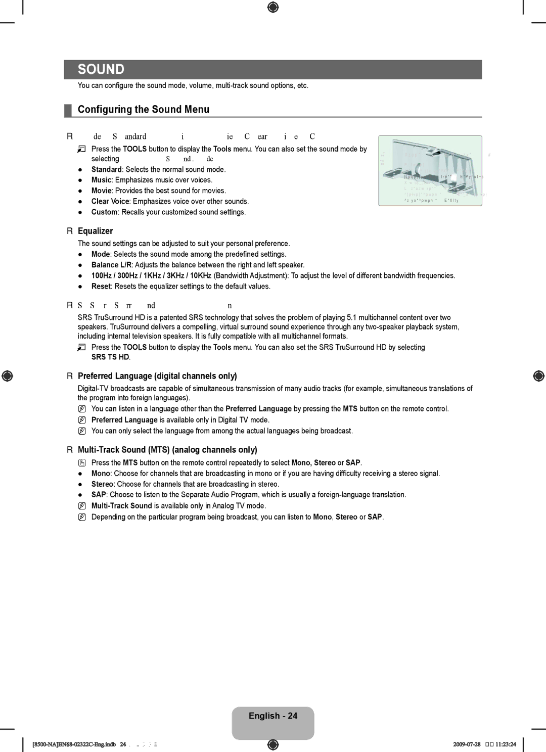 Samsung UN55B8500 user manual Configuring the Sound Menu 