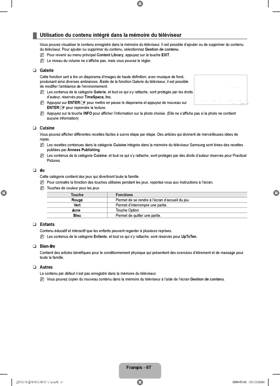 Samsung UN55B8500 user manual Galerie, Cuisine, Jeu, Enfants, Bien-être, Autres 