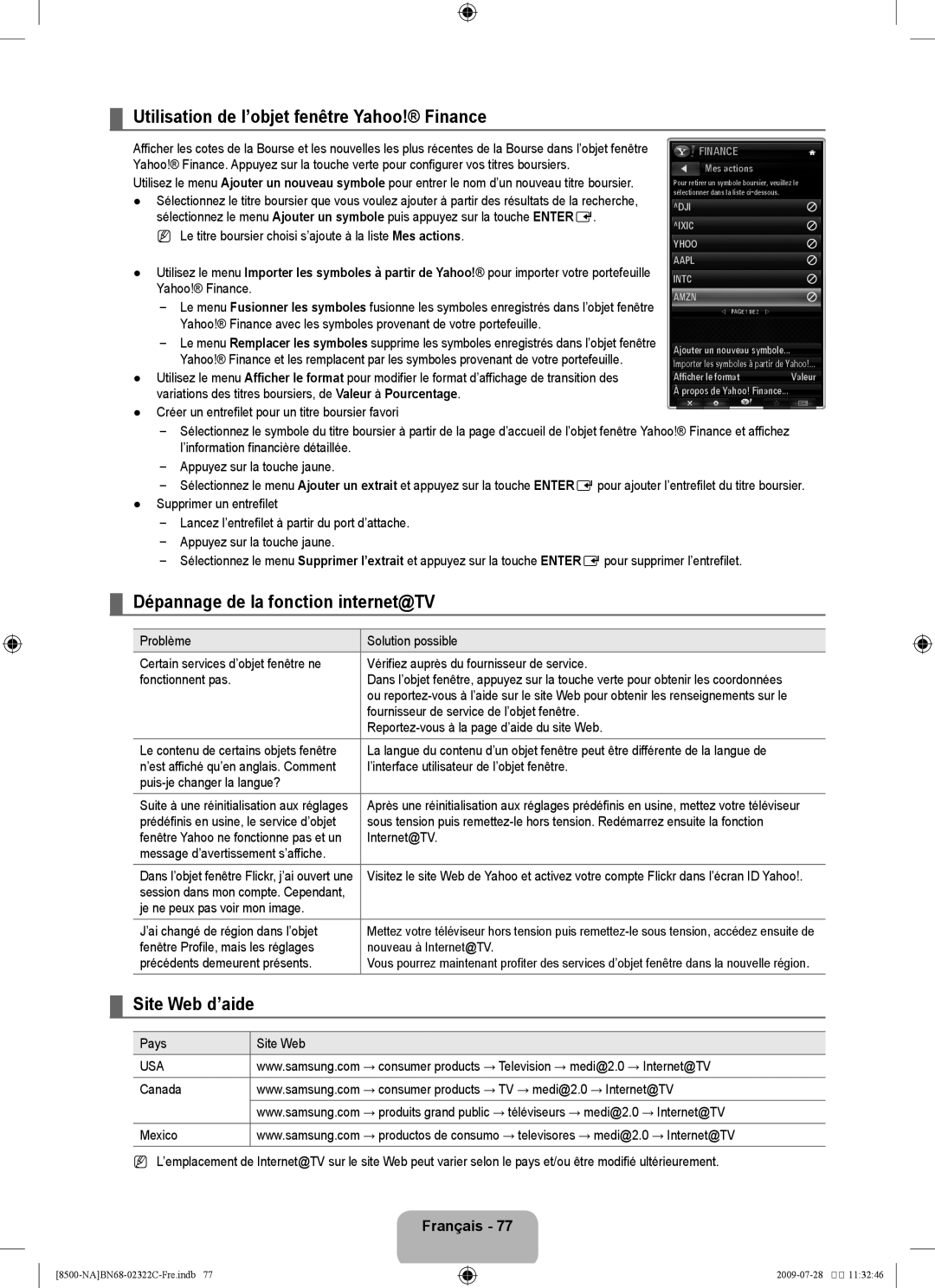 Samsung UN55B8500 Utilisation de l’objet fenêtre Yahoo! Finance, Dépannage de la fonction internet@TV, Site Web d’aide 