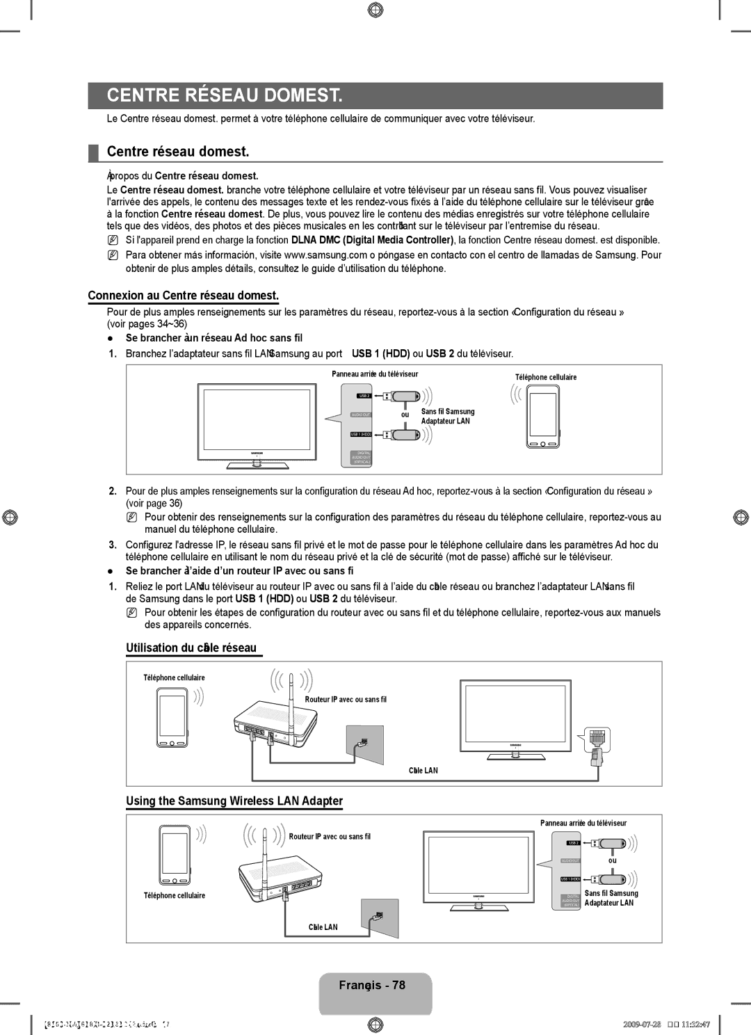 Samsung UN55B8500 user manual Connexion au Centre réseau domest, Utilisation du câble réseau 