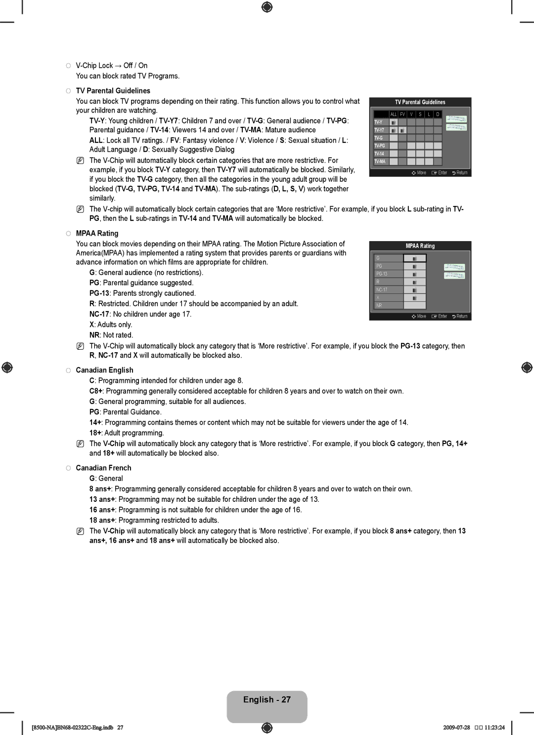 Samsung UN55B8500 user manual Chip Lock → Off / On, TV Parental Guidelines, Mpaa Rating, Canadian English, Canadian French 