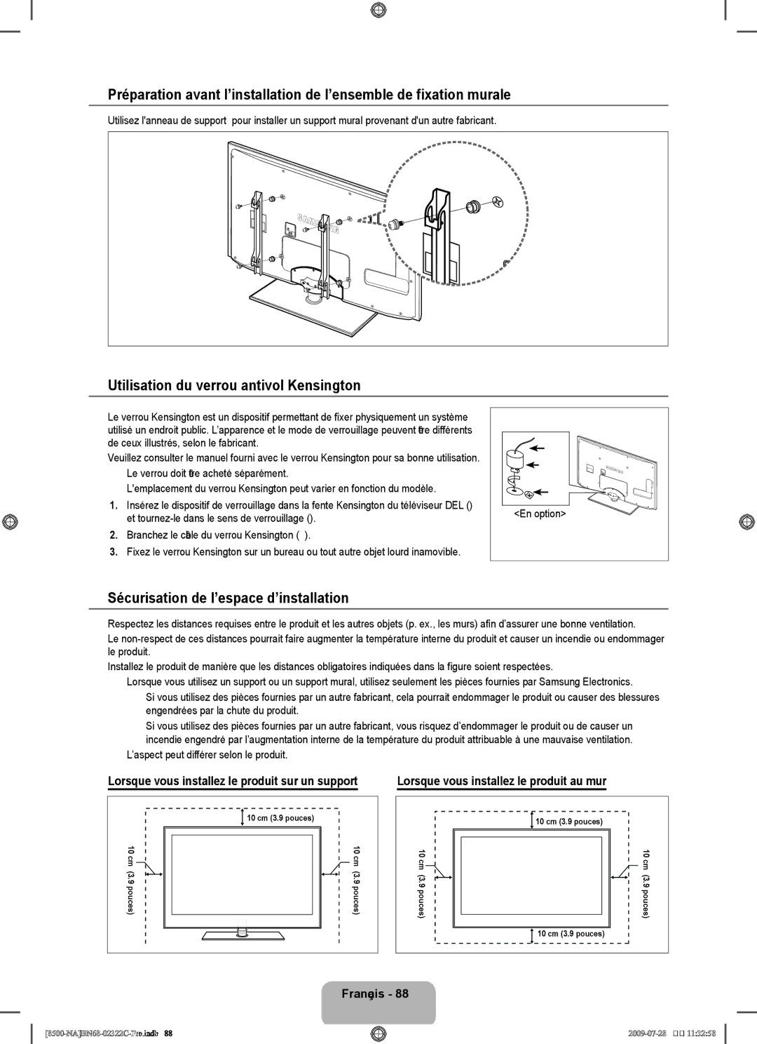 Samsung UN55B8500 user manual Utilisation du verrou antivol Kensington, Sécurisation de l’espace d’installation 