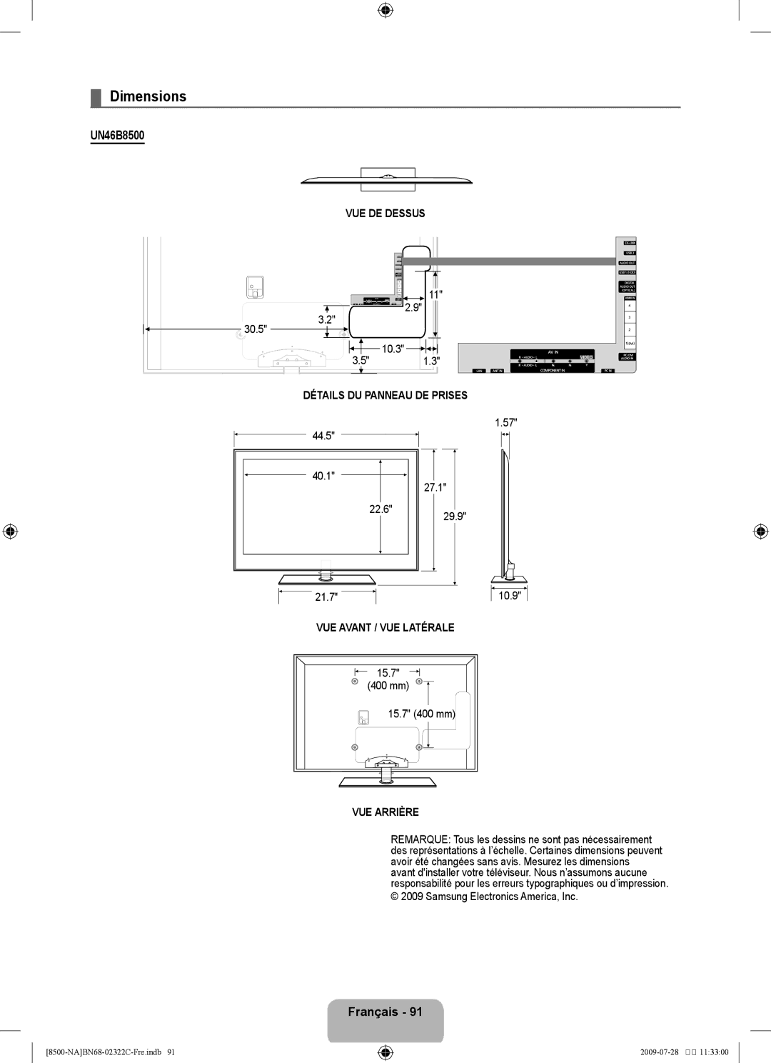 Samsung UN55B8500 user manual VUE DE Dessus, Détails DU Panneau DE Prises, VUE Avant / VUE Latérale, VUE Arrière 