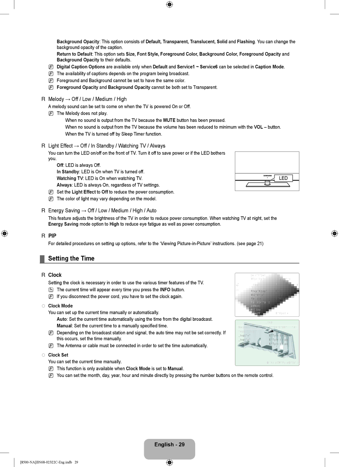 Samsung UN55B8500 Setting the Time, Melody → Off / Low / Medium / High, Energy Saving → Off / Low / Medium / High / Auto 