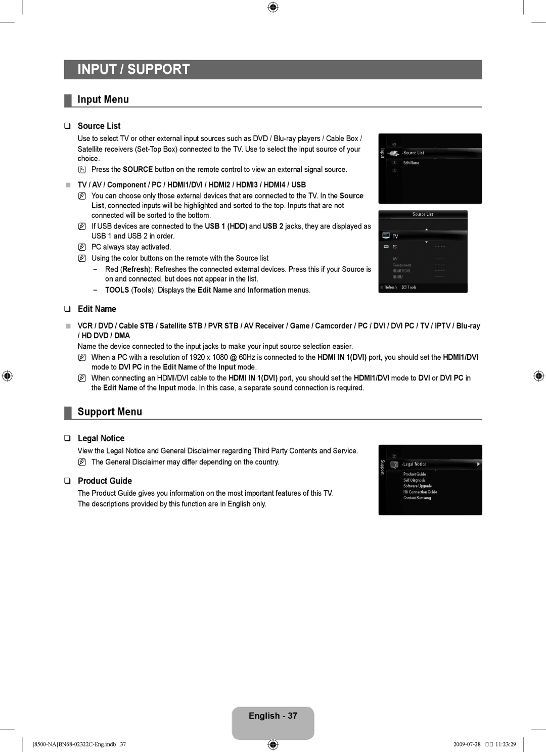 Samsung UN55B8500 user manual Input / Support, Input Menu, Support Menu 