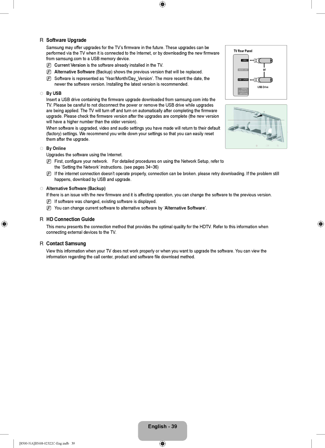 Samsung UN55B8500 user manual Software Upgrade, HD Connection Guide, Contact Samsung 