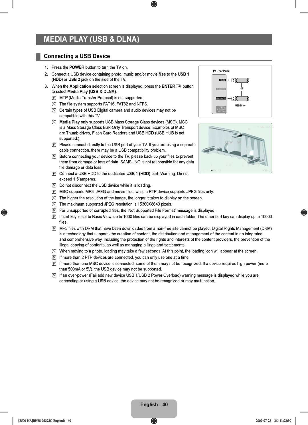 Samsung UN55B8500 user manual Connecting a USB Device, To select Media Play USB & Dlna, File damage or data loss 