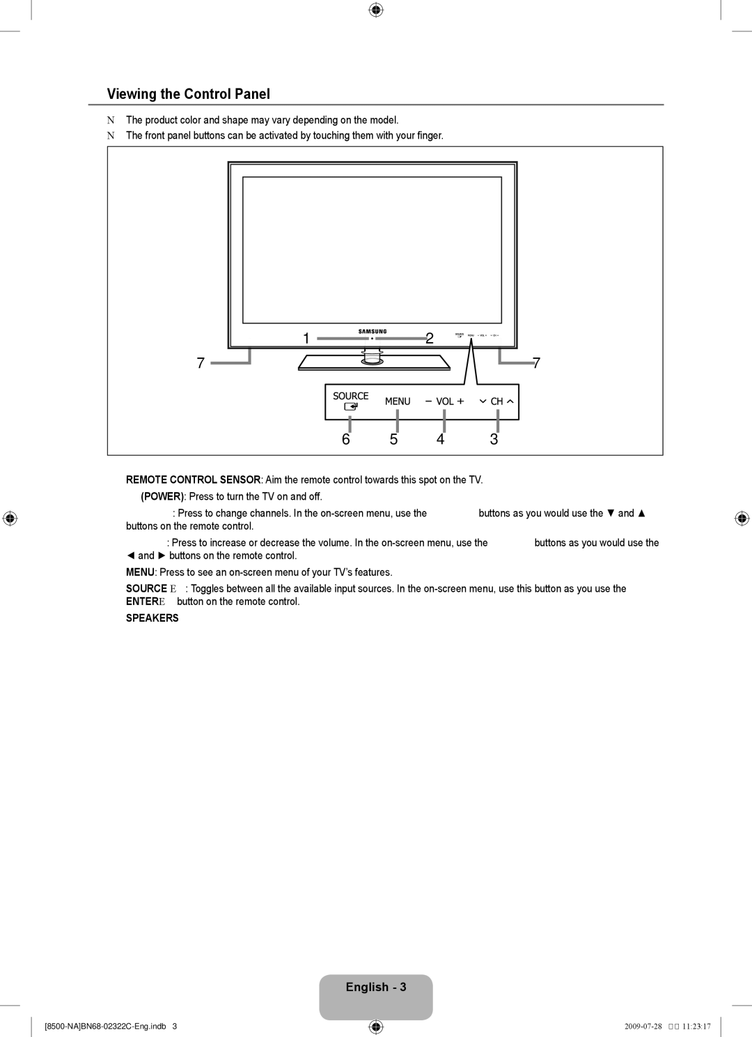 Samsung UN55B8500 user manual Viewing the Control Panel, English , Speakers 