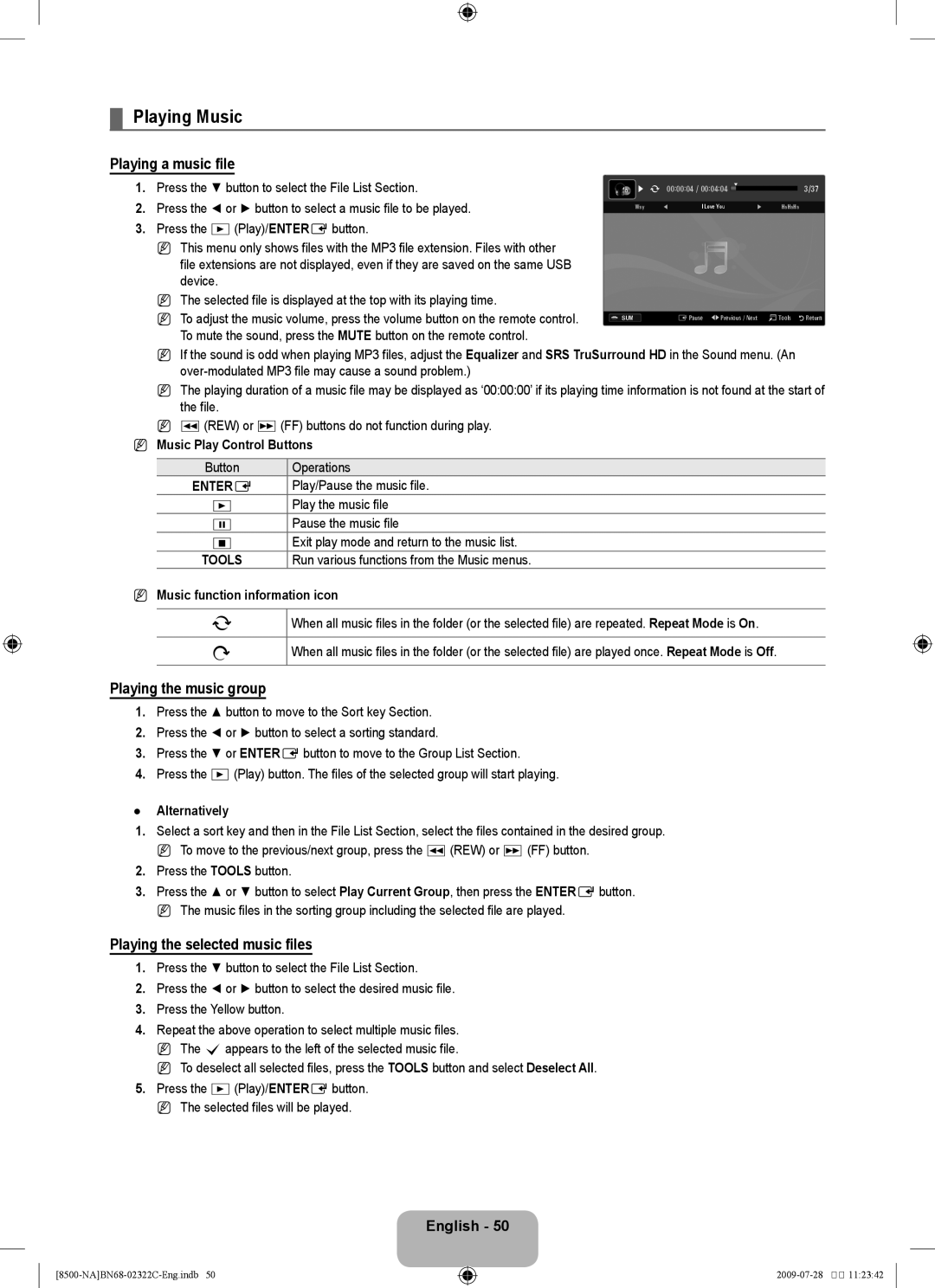 Samsung UN55B8500 Playing Music, Playing a music file, Playing the music group, Playing the selected music files, Tools 