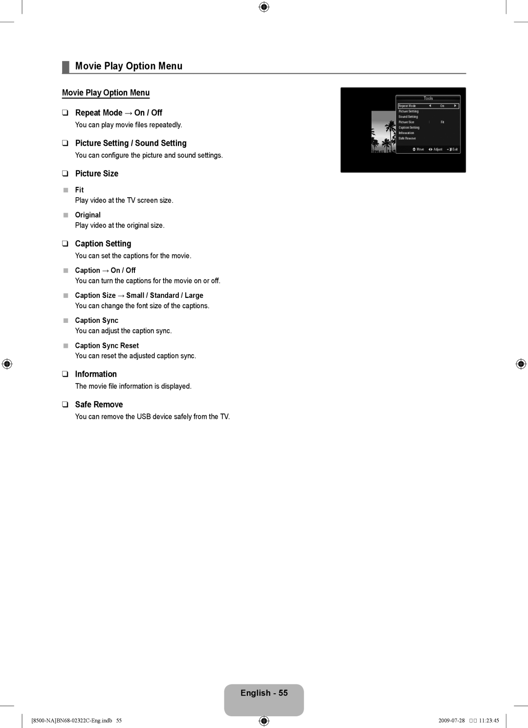 Samsung UN55B8500 user manual Movie Play Option Menu Repeat Mode → On / Off, Picture Size, Caption Setting 