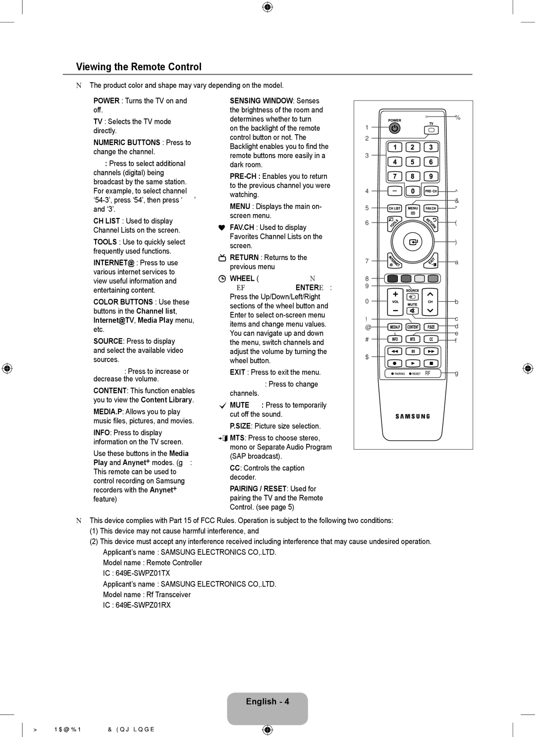 Samsung UN55B8500 user manual Viewing the Remote Control, Numeric Buttons Press to change the channel 