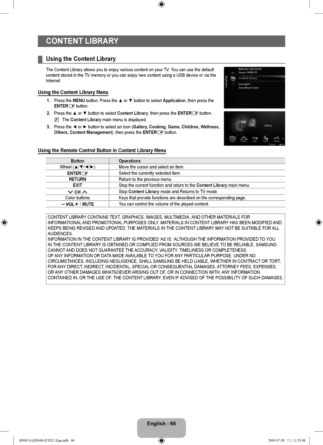 Samsung UN55B8500 Using the Content Library Menu, Using the Remote Control Button in Content Library Menu, Mute 