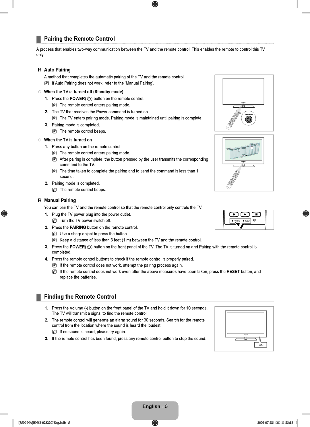 Samsung UN55B8500 user manual Pairing the Remote Control, Finding the Remote Control, Auto Pairing, Manual Pairing 