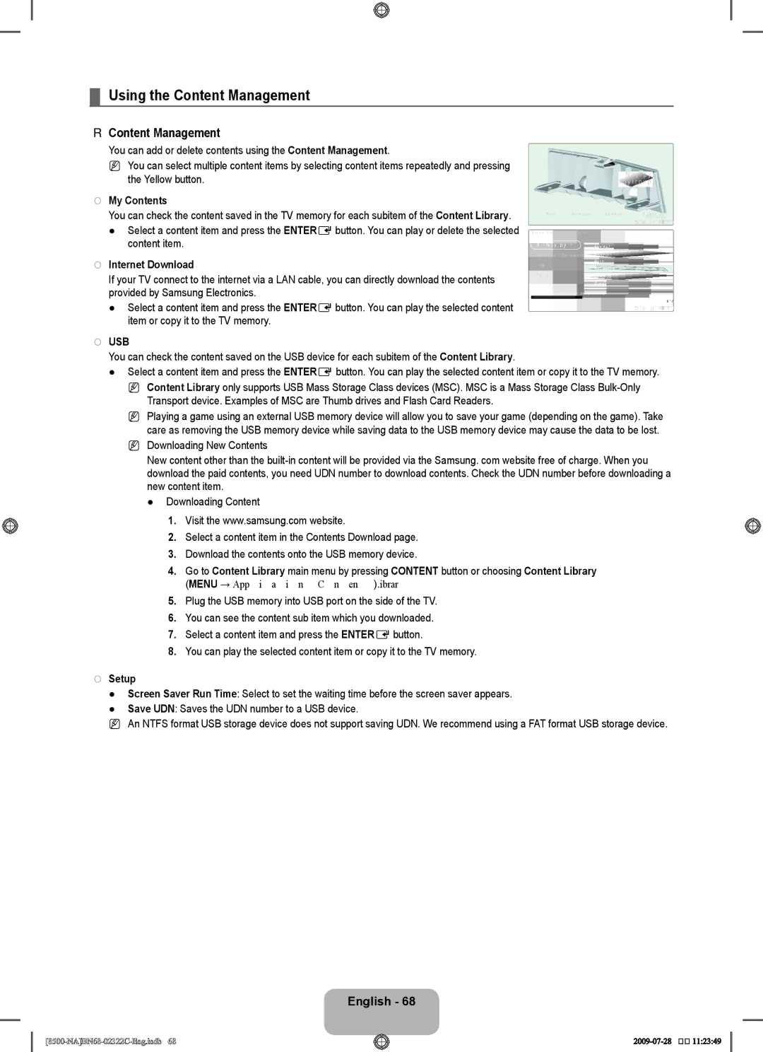 Samsung UN55B8500 user manual Using the Content Management, My Contents, Usb, Setup 