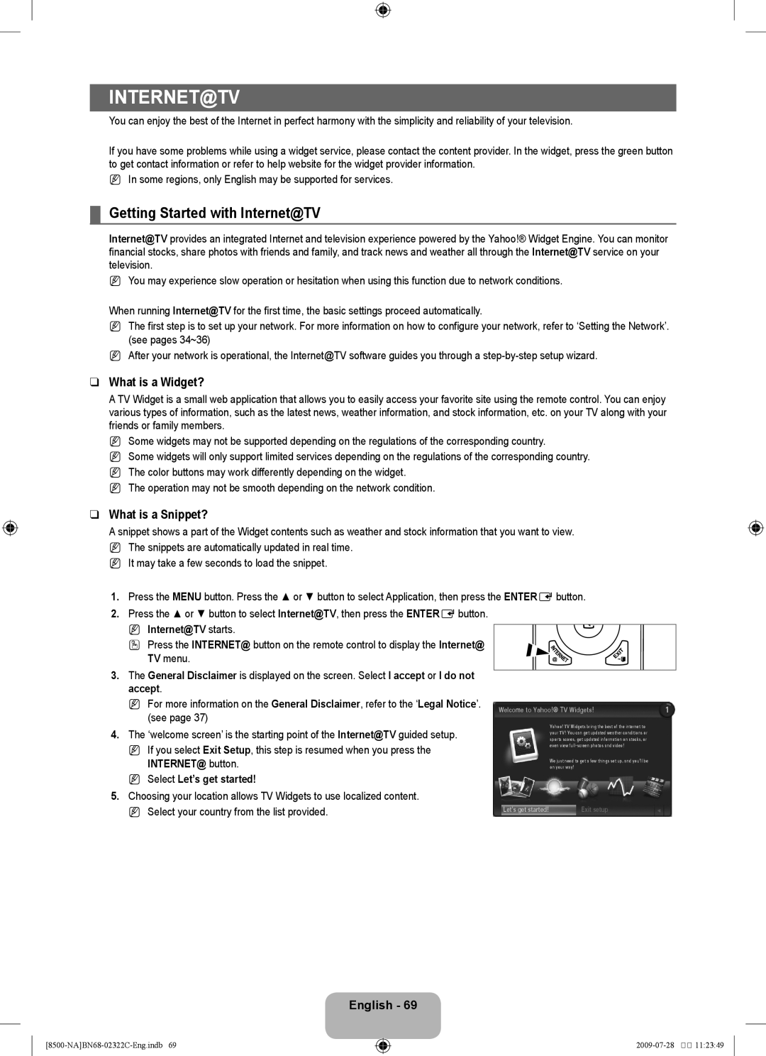 Samsung UN55B8500 user manual Getting Started with Internet@TV, What is a Widget?, What is a Snippet? 