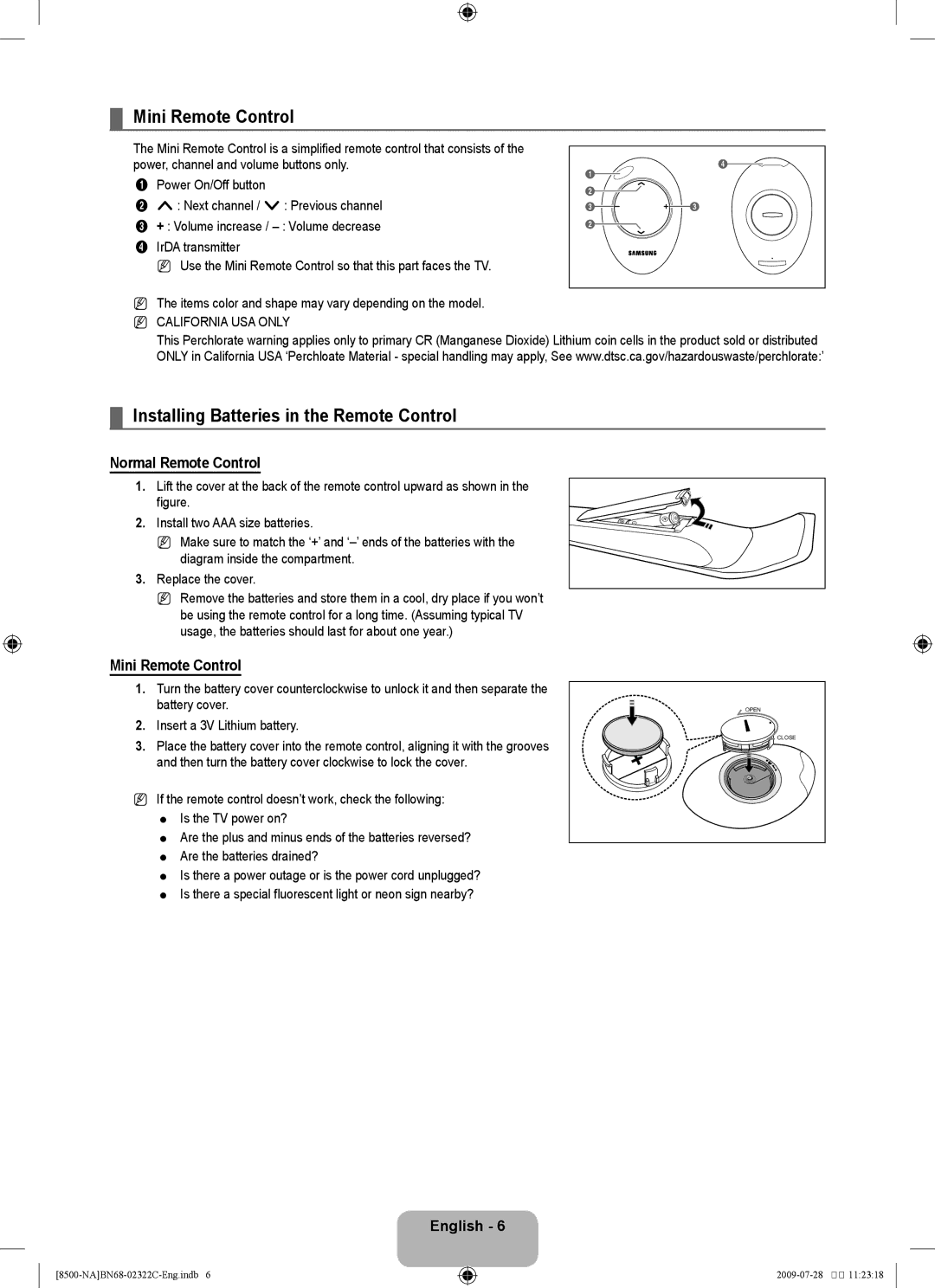 Samsung UN55B8500 user manual Mini Remote Control, Installing Batteries in the Remote Control, Normal Remote Control 