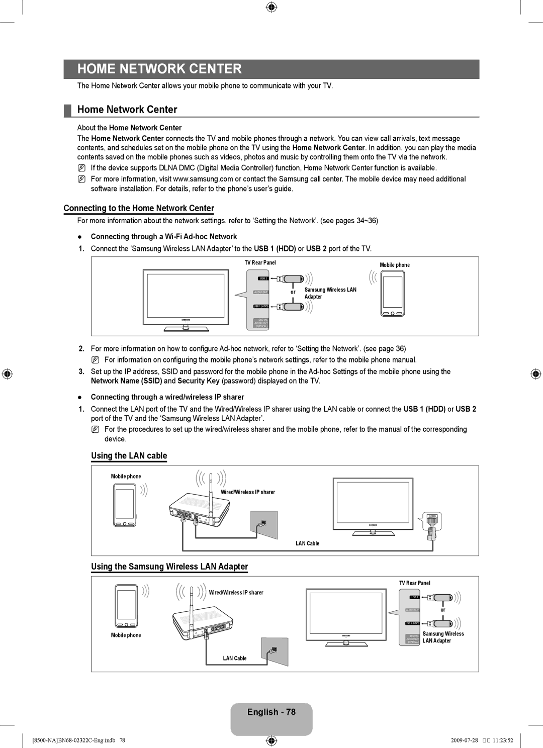 Samsung UN55B8500 Connecting to the Home Network Center, Using the LAN cable, Using the Samsung Wireless LAN Adapter 