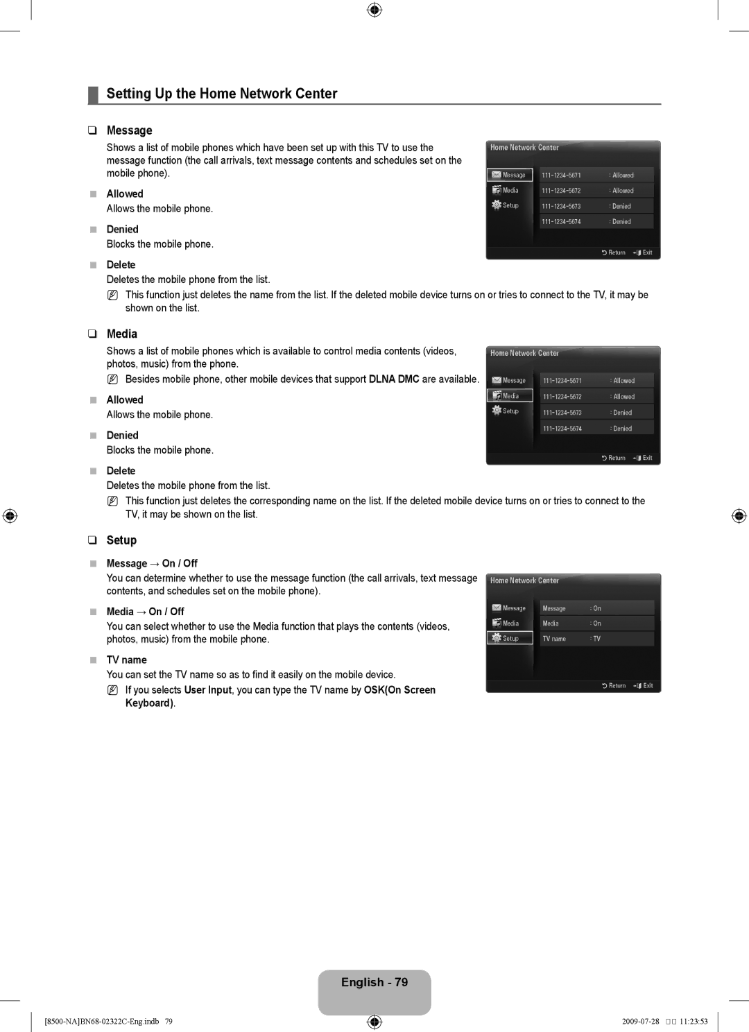 Samsung UN55B8500 user manual Setting Up the Home Network Center, Message, Media 