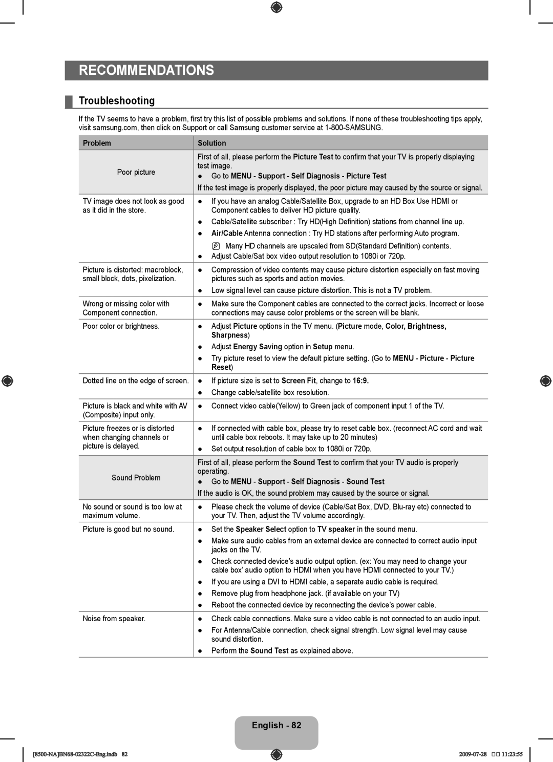 Samsung UN55B8500 user manual Recommendations, Troubleshooting 