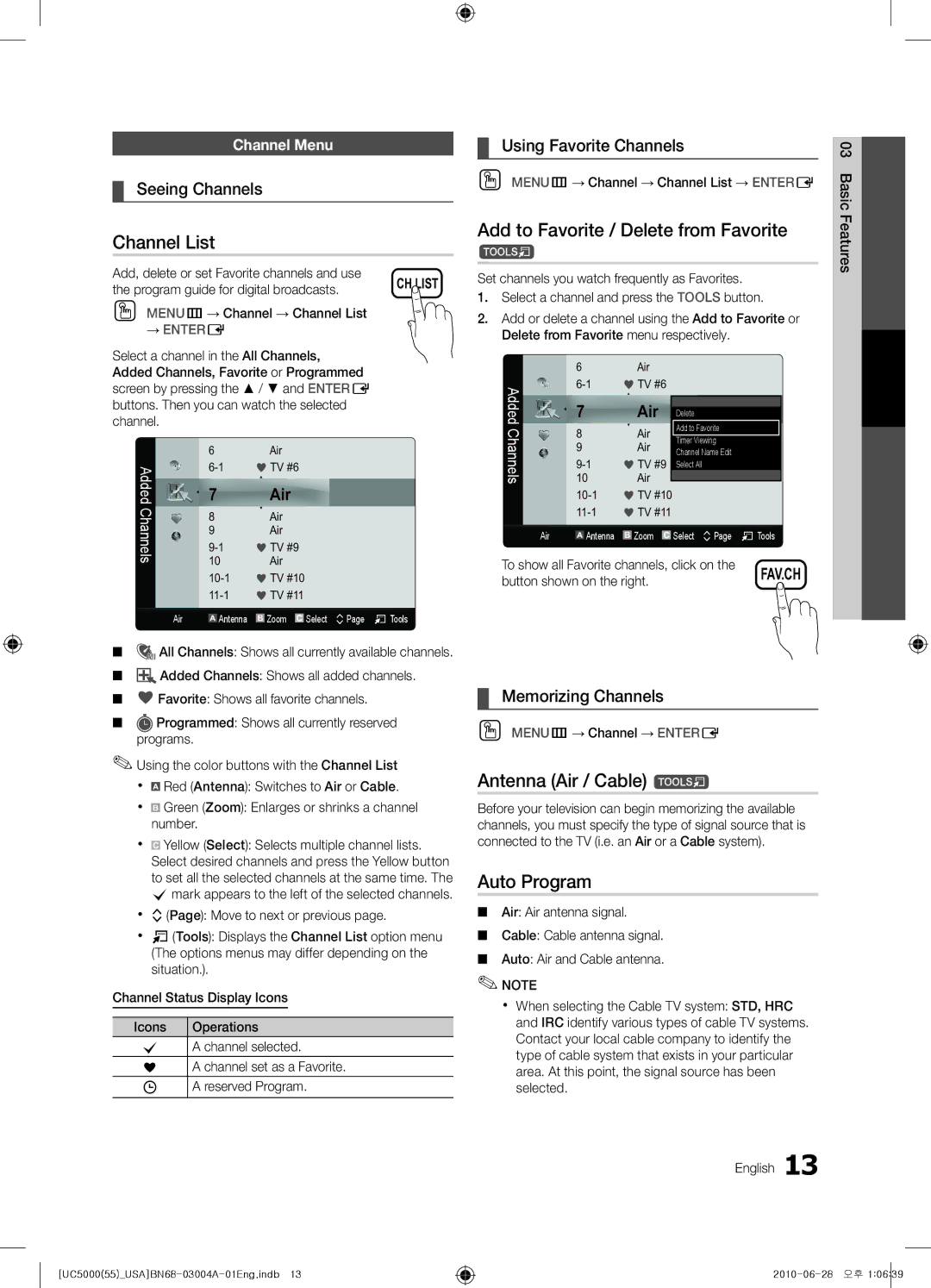 Samsung UN55C5000 user manual Channel List, Add to Favorite / Delete from Favorite, Antenna Air / Cable t, Auto Program 