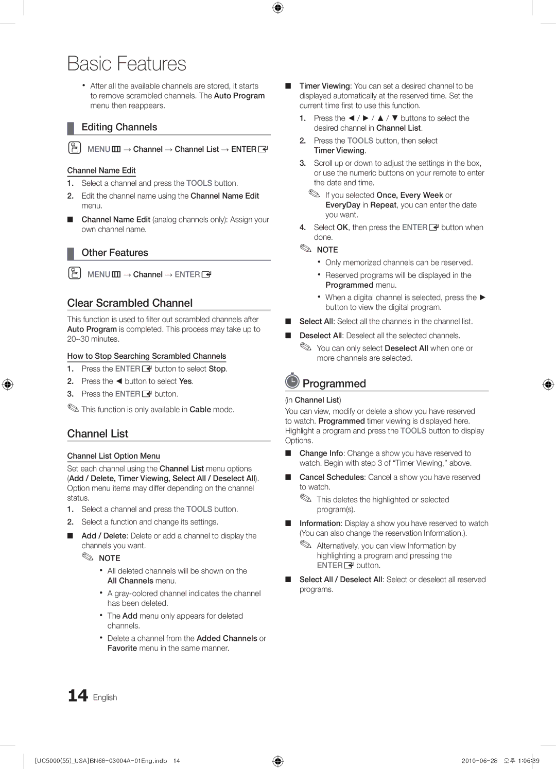 Samsung UN55C5000 user manual Clear Scrambled Channel, Programmed, Editing Channels, Other Features 