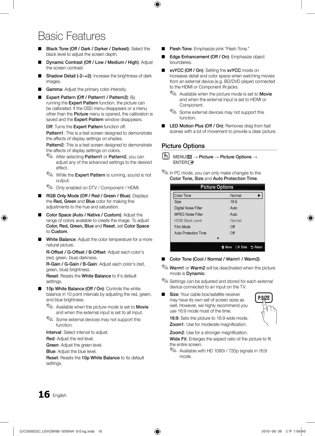 Samsung UN55C5000 user manual Off Turns the Expert Pattern function off, OO MENUm→ Picture → Picture Options → 