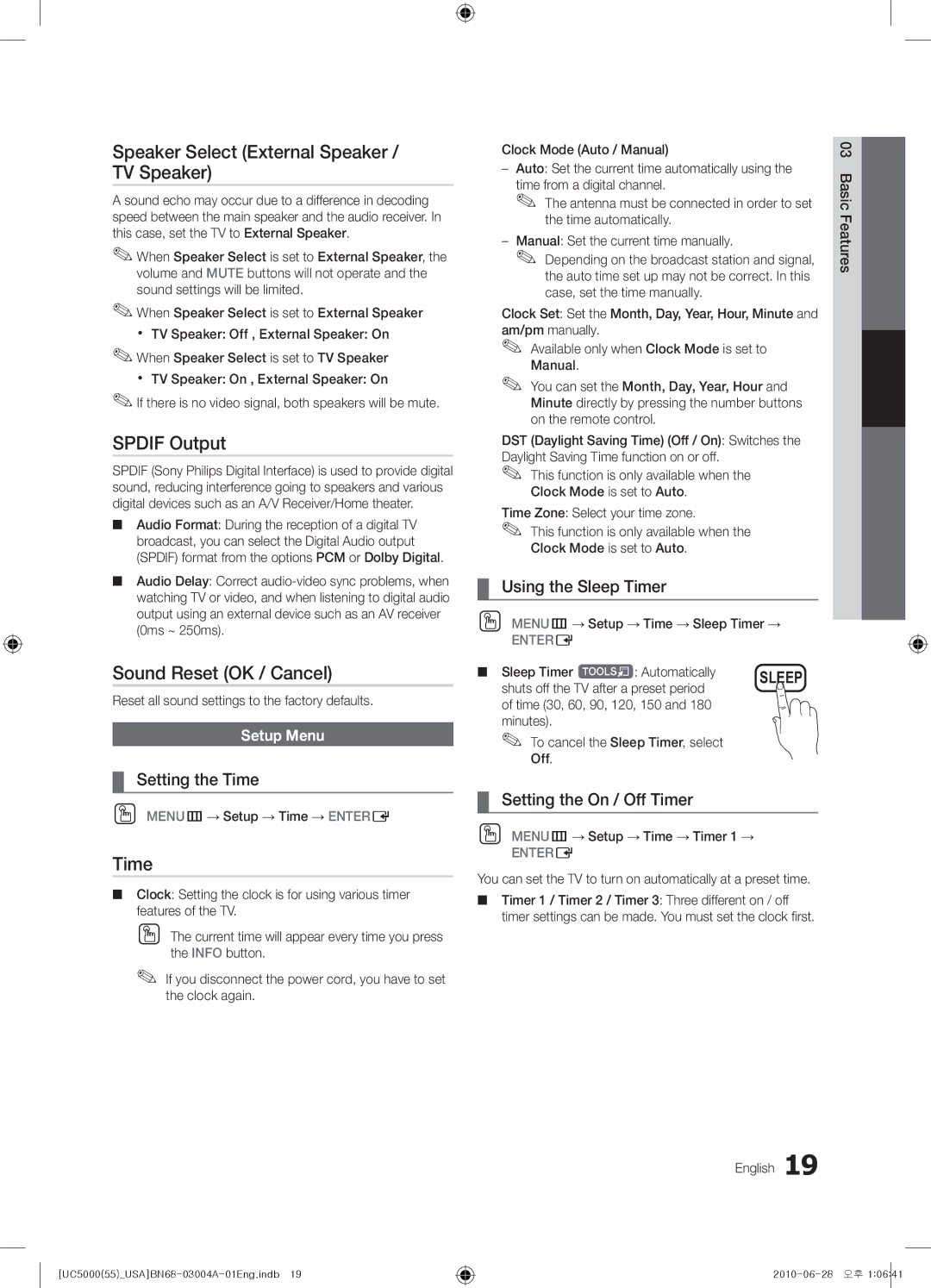 Samsung UN55C5000 user manual Speaker Select External Speaker / TV Speaker, Spdif Output, Sound Reset OK / Cancel, Time 