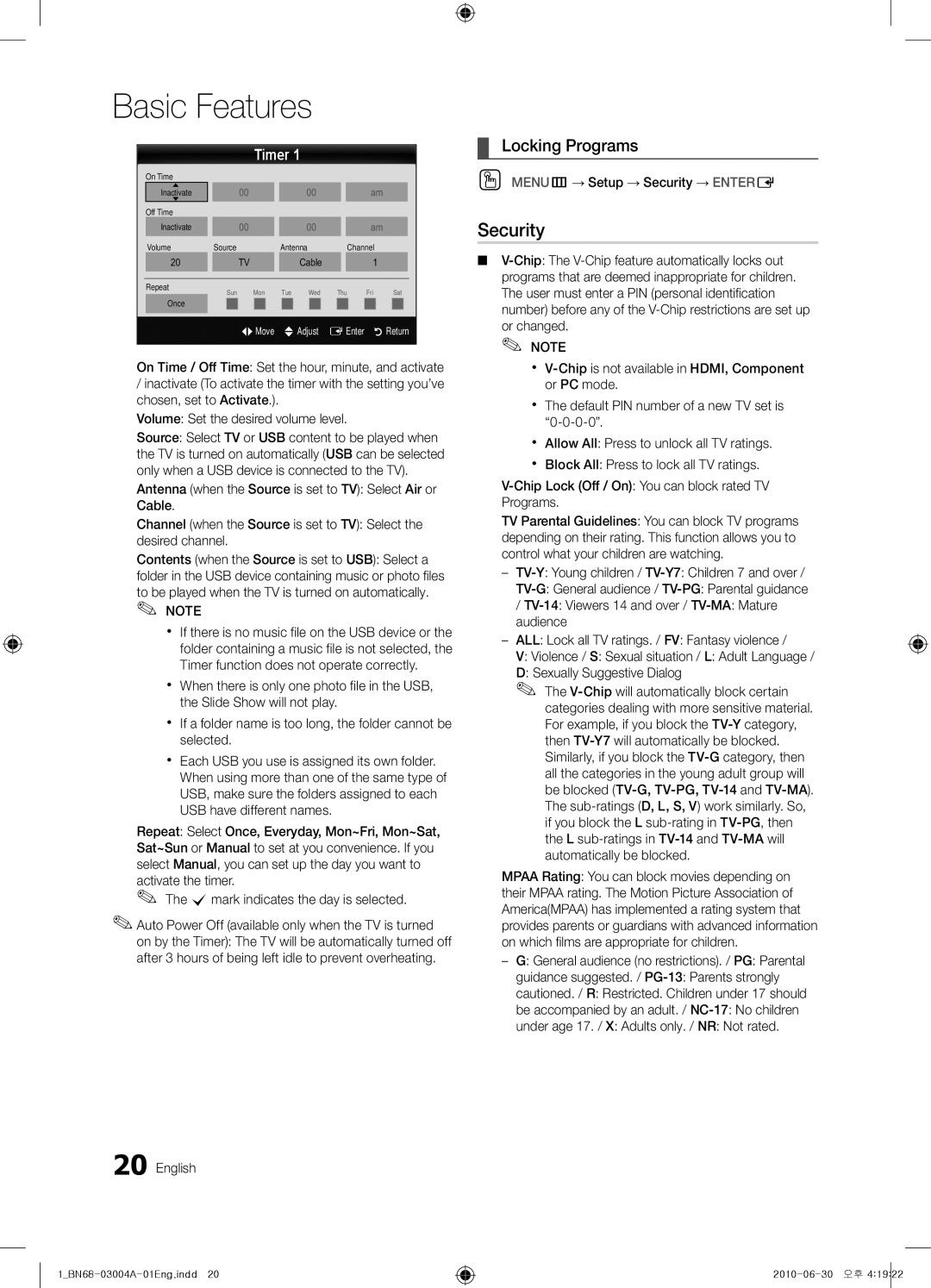 Samsung UN55C5000 user manual Security, Locking Programs, Timer, To be played when the TV is turned on automatically. Note 