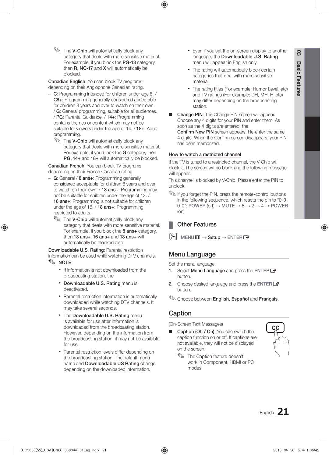 Samsung UN55C5000 user manual Menu Language, Caption 