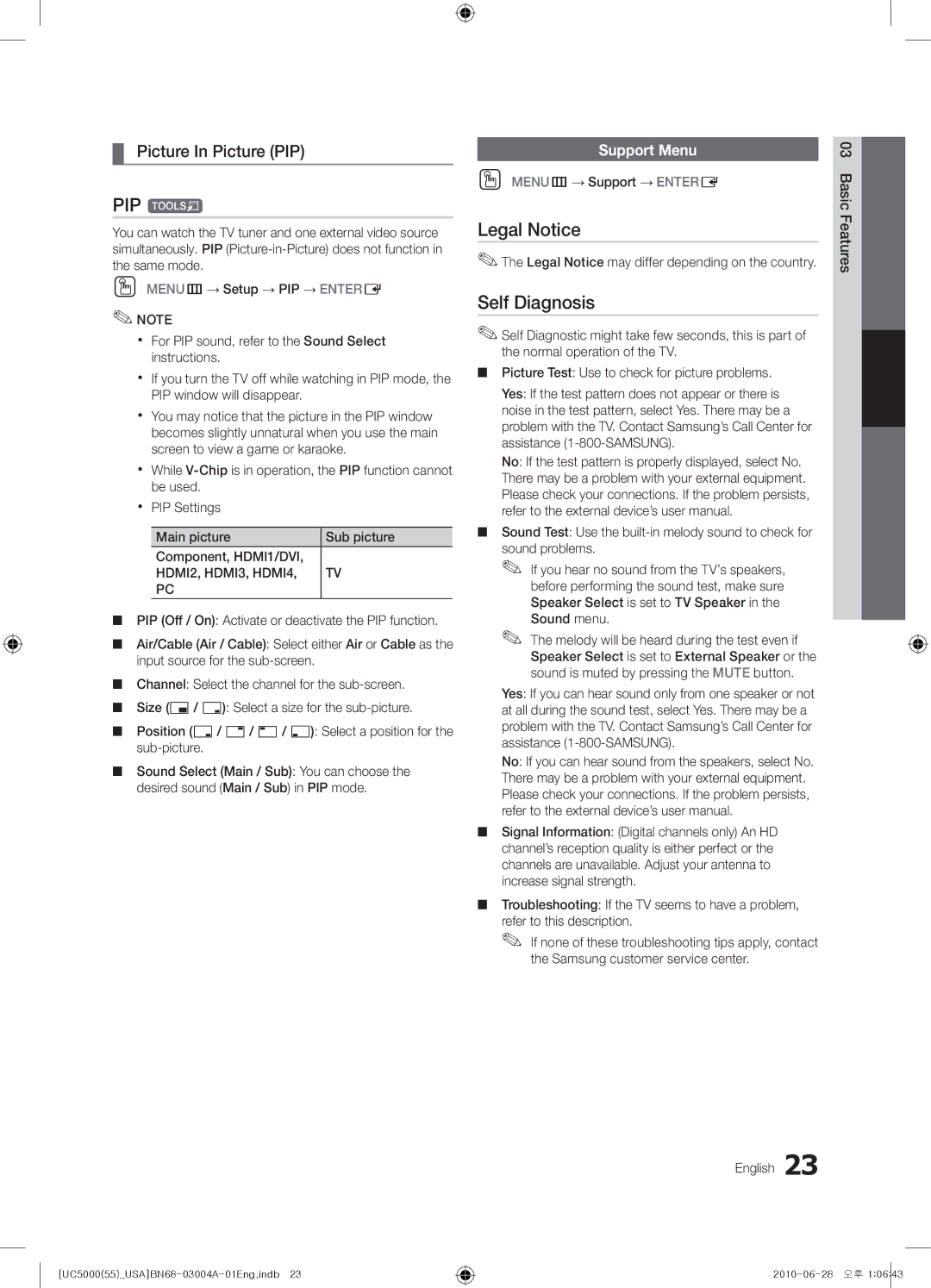 Samsung UN55C5000 user manual PIP t, Legal Notice, Self Diagnosis, Picture In Picture PIP, Support Menu 