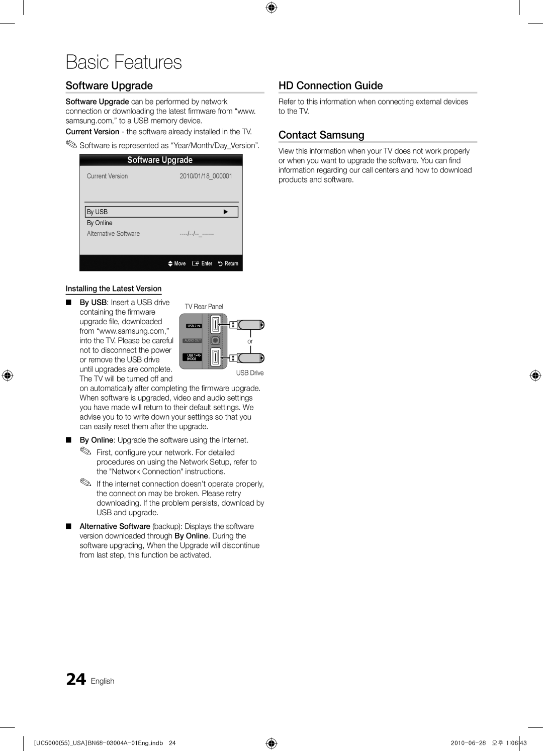 Samsung UN55C5000 user manual Software Upgrade, HD Connection Guide, Contact Samsung 