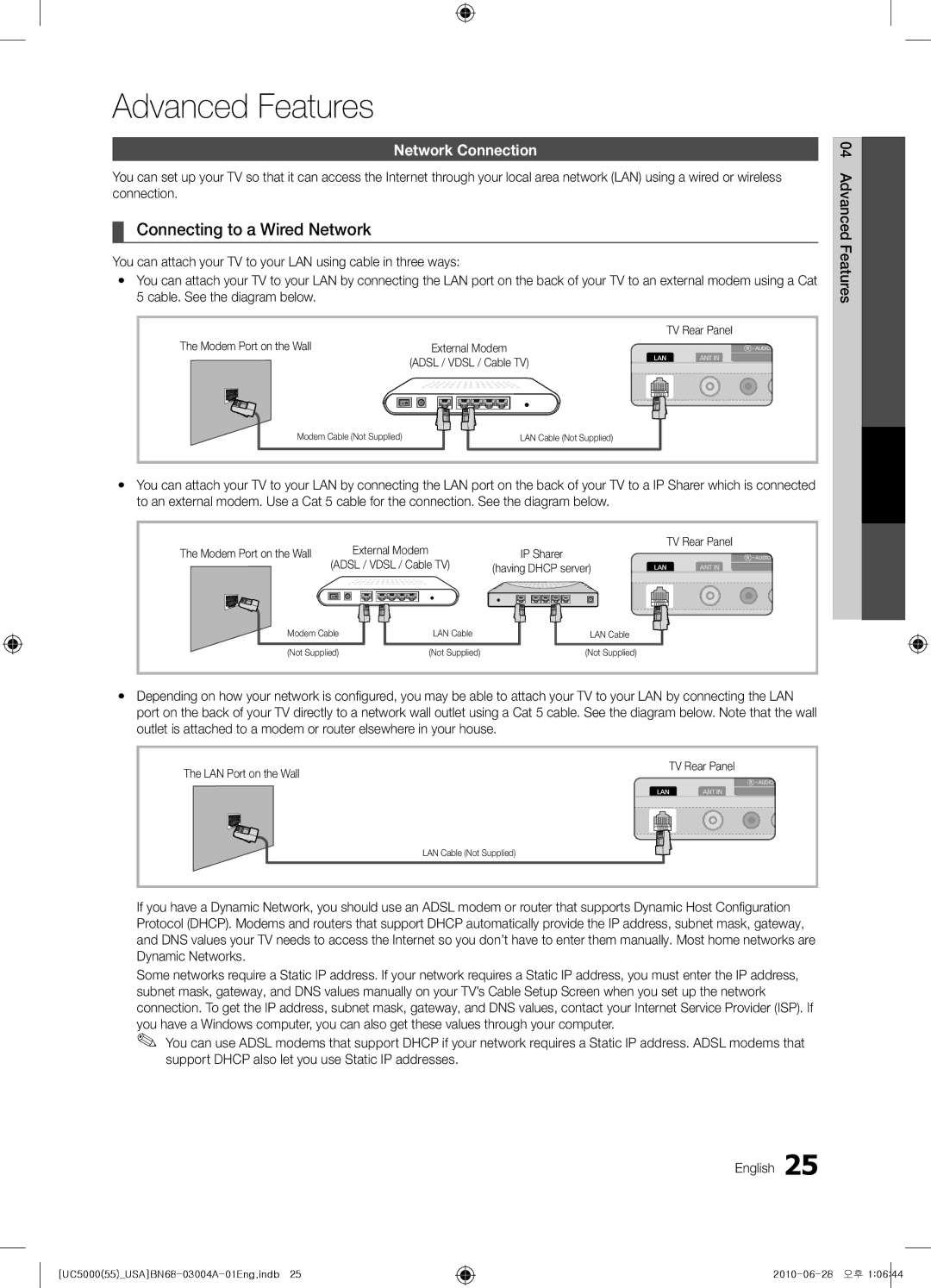 Samsung UN55C5000 Connecting to a Wired Network, Network Connection, Modem Port on the Wall, LAN Port on the Wall 