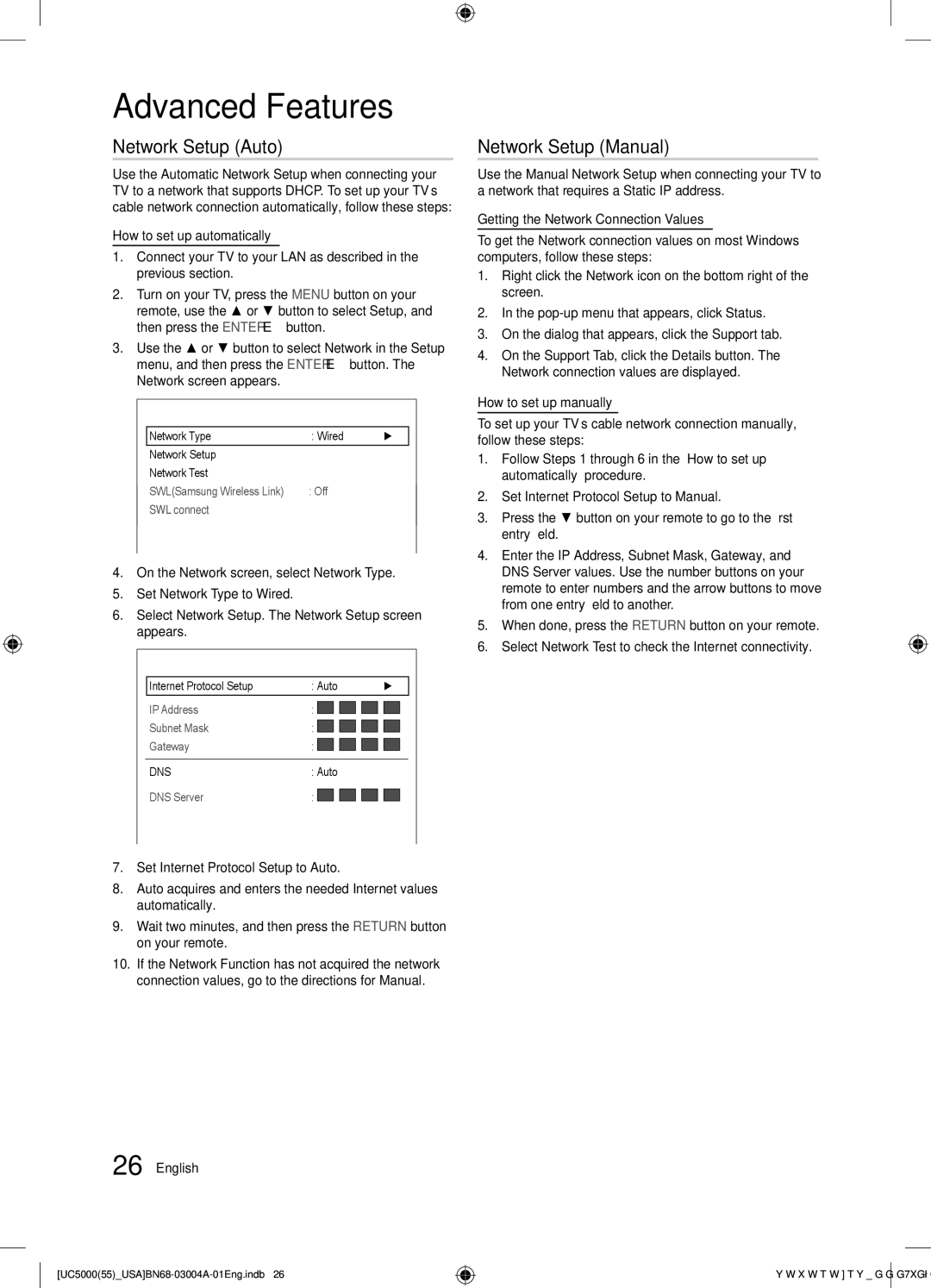 Samsung UN55C5000 user manual Network Setup Auto, Network Setup Manual, Network Type Wired Network Setup Network Test 