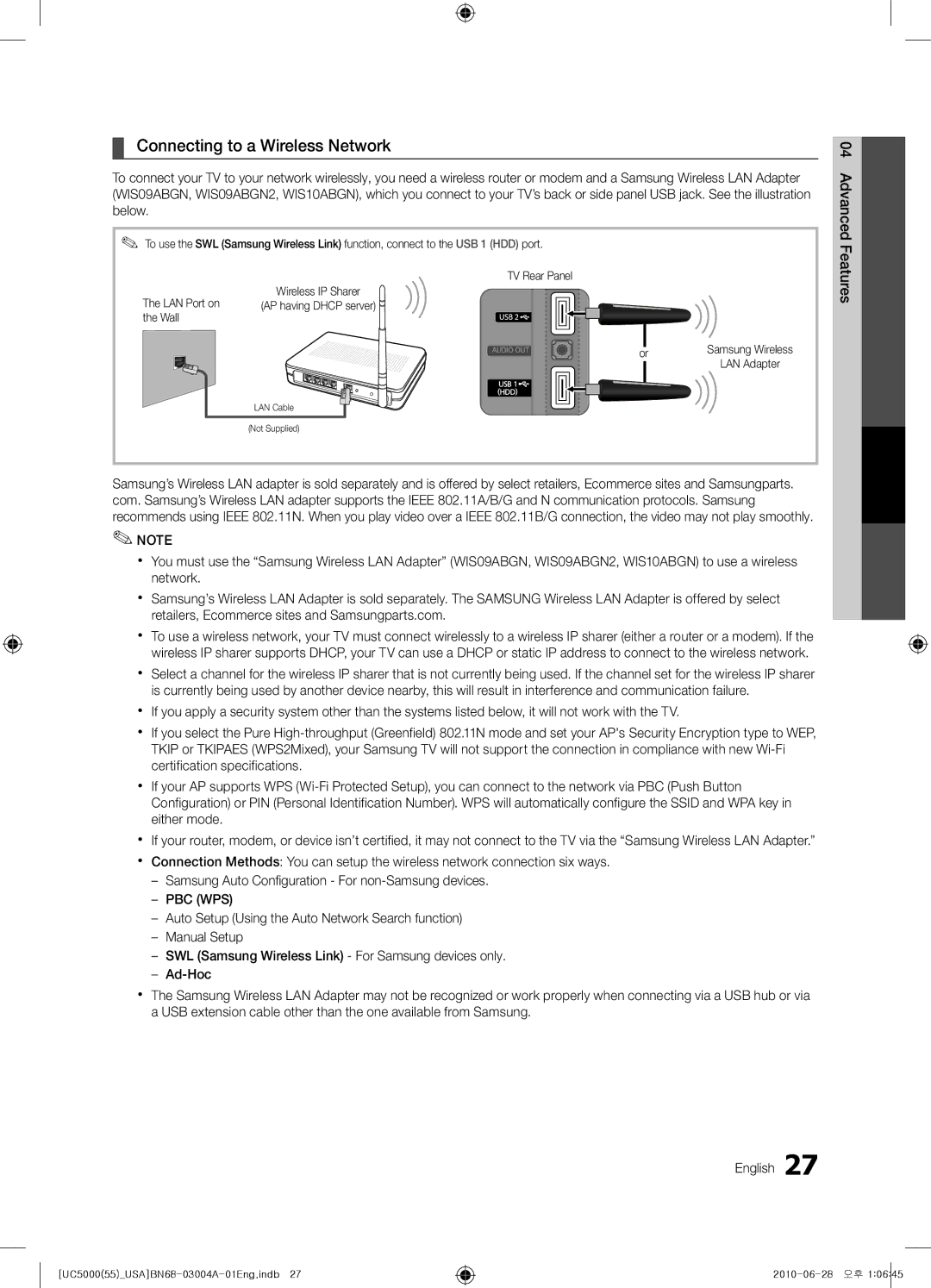 Samsung UN55C5000 user manual Connecting to a Wireless Network 