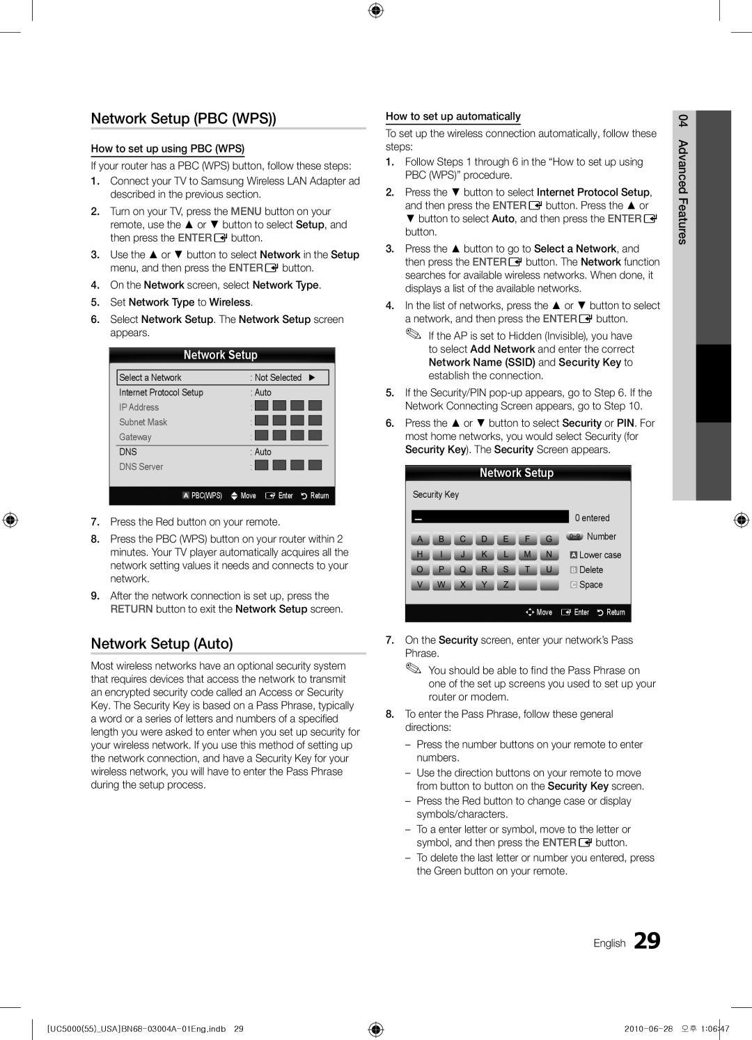 Samsung UN55C5000 user manual Network Setup PBC WPS, How to set up automatically, Then press the ENTEREbutton. Press the or 