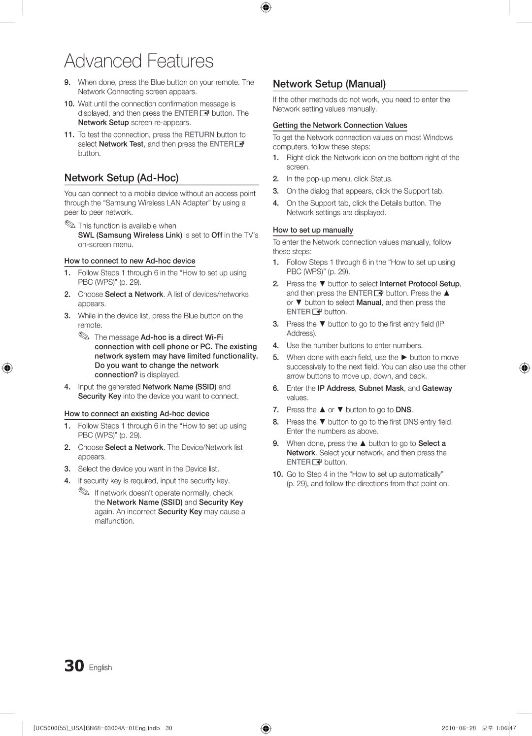 Samsung UN55C5000 user manual Network Setup Ad-Hoc, Network Setup Manual 