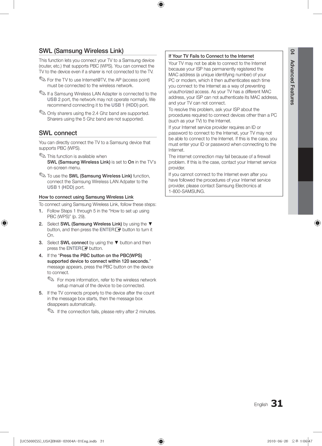 Samsung UN55C5000 user manual SWL Samsung Wireless Link, SWL connect, To connect 