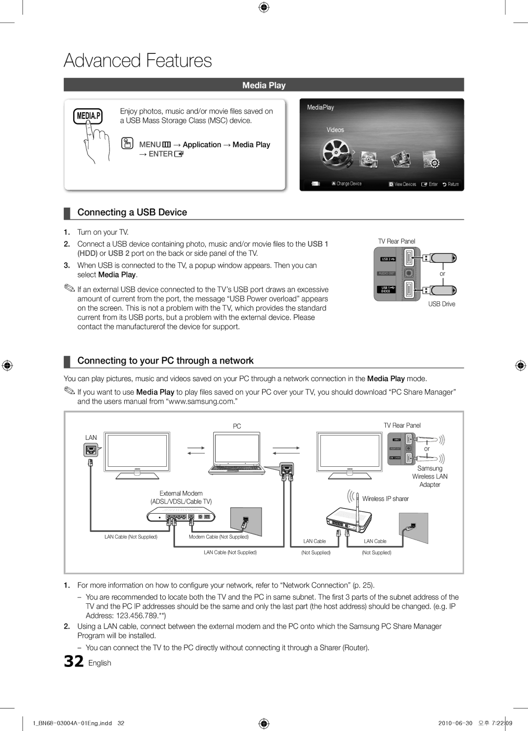 Samsung UN55C5000 user manual Connecting a USB Device, Connecting to your PC through a network, Media Play 