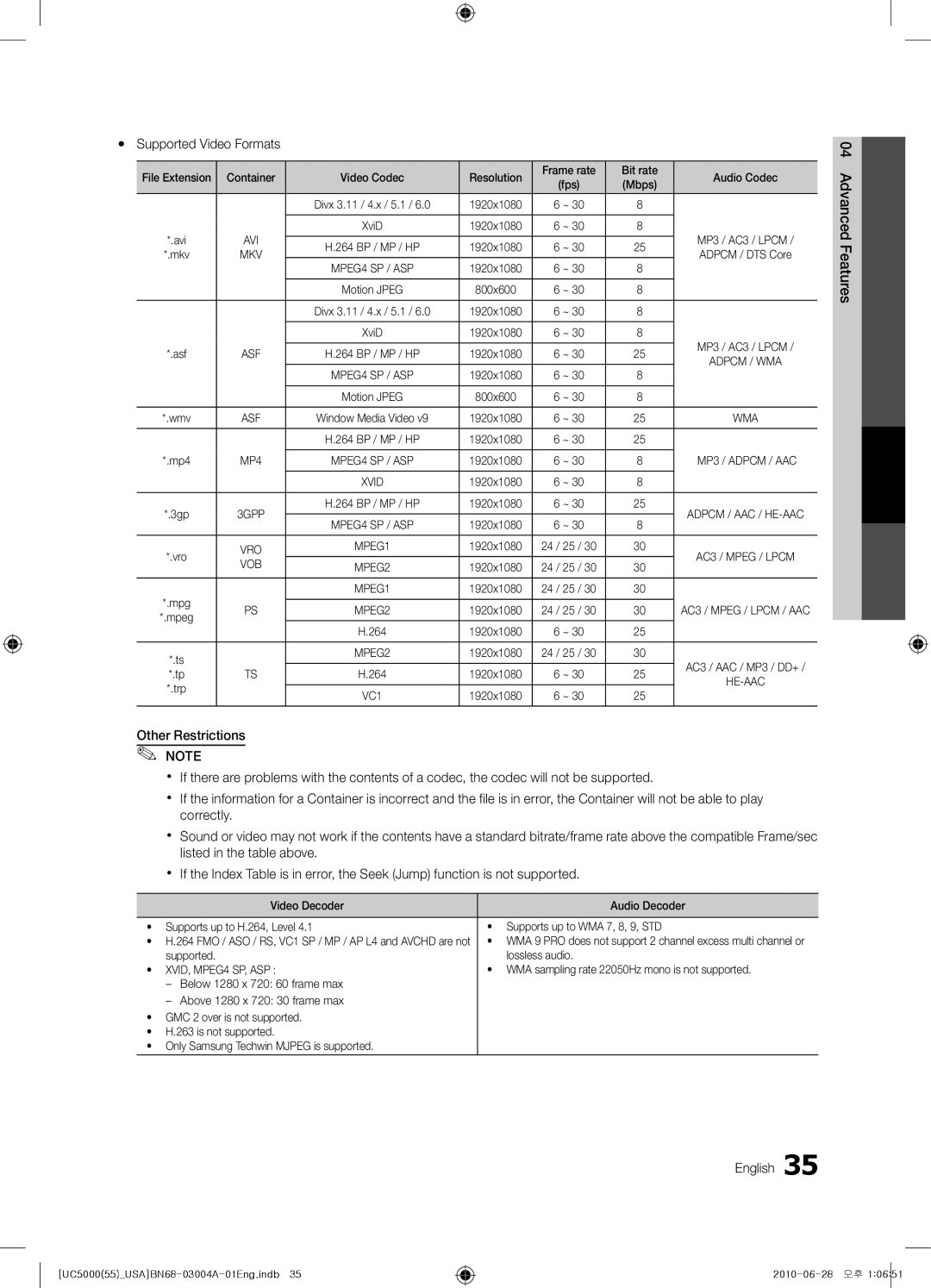 Samsung UN55C5000 user manual Yy Supported Video Formats, Advanced Features English 