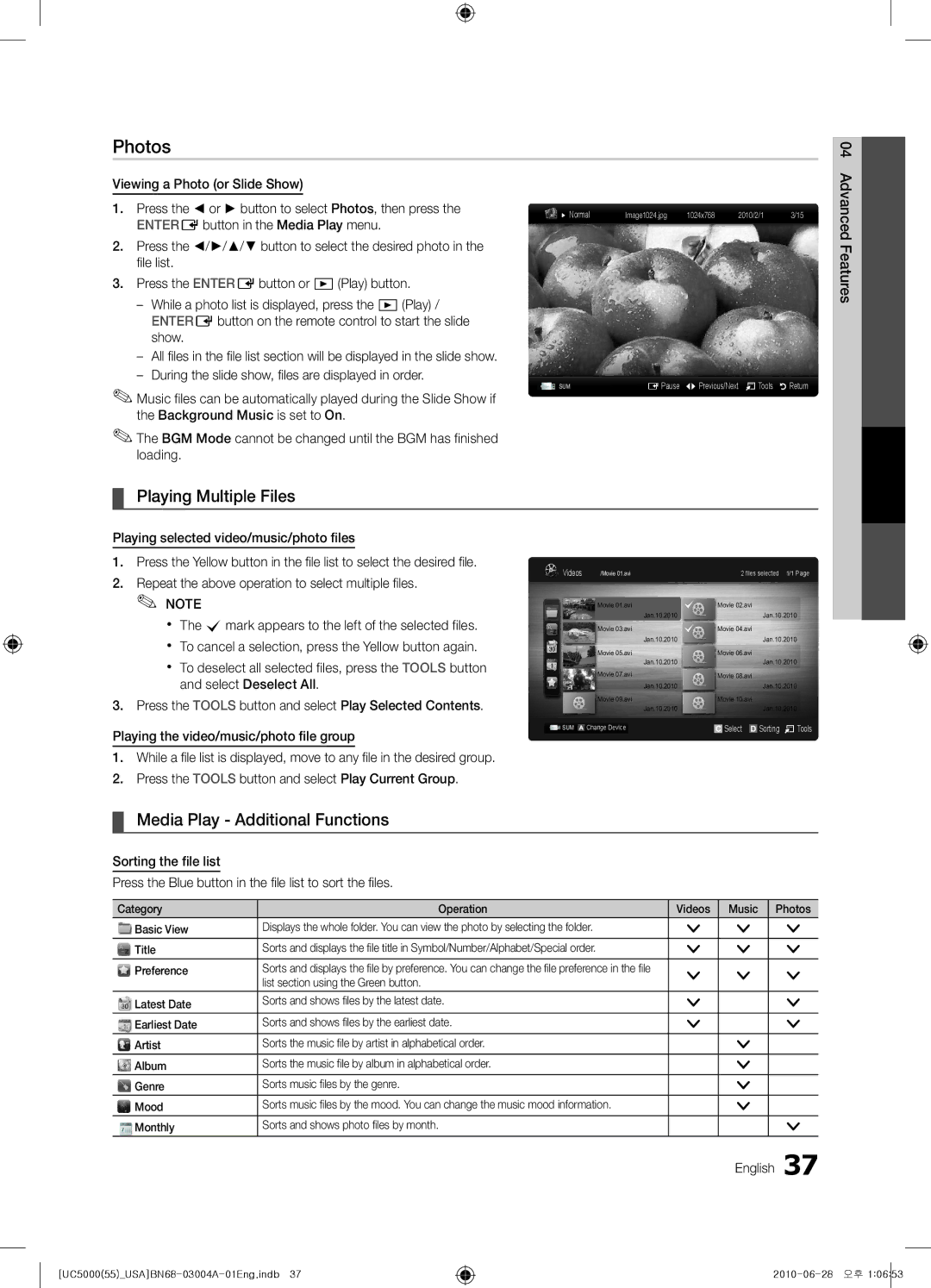 Samsung UN55C5000 Photos, Playing Multiple Files, Media Play Additional Functions, List section using the Green button 