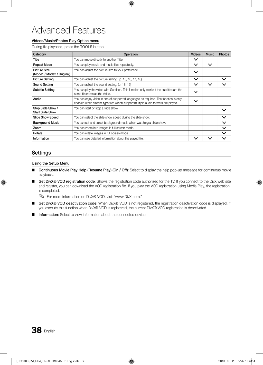 Samsung UN55C5000 user manual Settings, Same file name as the video Audio 