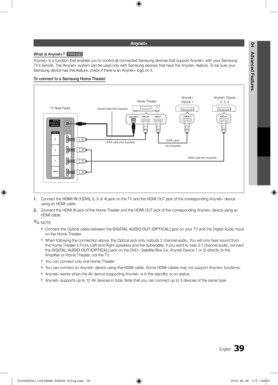 Samsung UN55C5000 What is Anynet+? t Advanced, To connect to a Sam sung Home Theater Features, Home Theater Anynet+ 