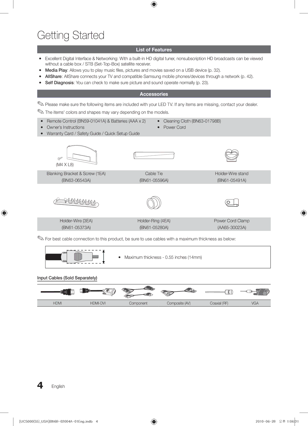 Samsung UN55C5000 user manual List of Features, Accessories, Cleaning Cloth BN63-01798B, Component Composite AV Coaxial RF 