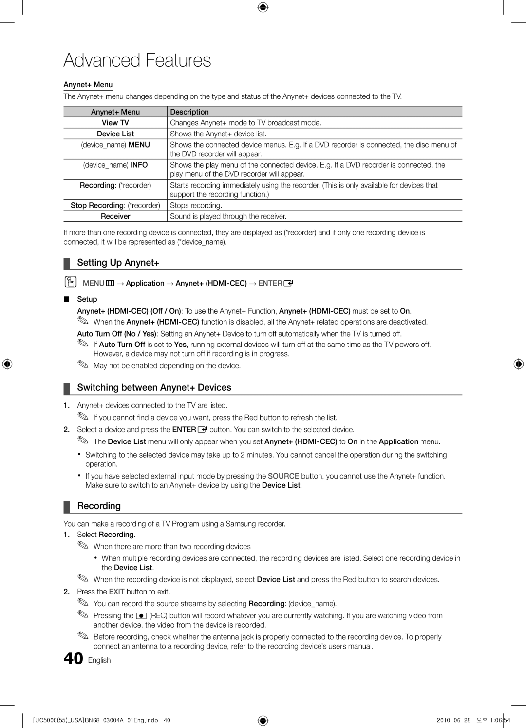 Samsung UN55C5000 user manual Setting Up Anynet+, Switching between Anynet+ Devices, Recording 